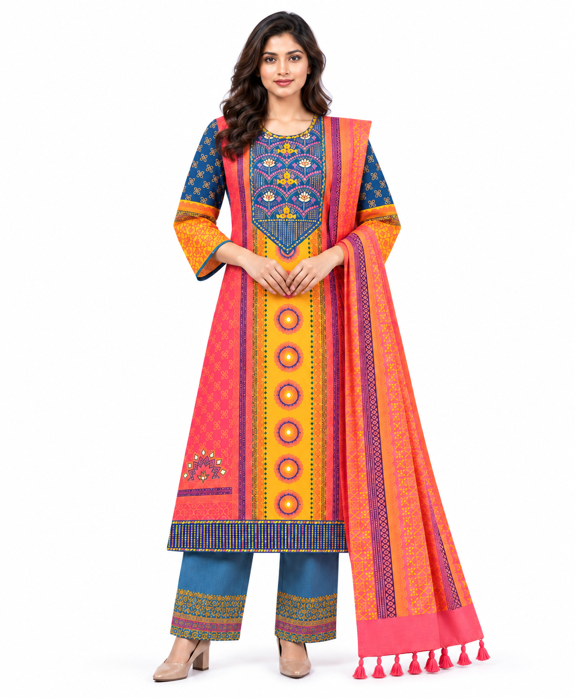Coral Pink Printed and Embroidered Shalwar Kameez Dopatta